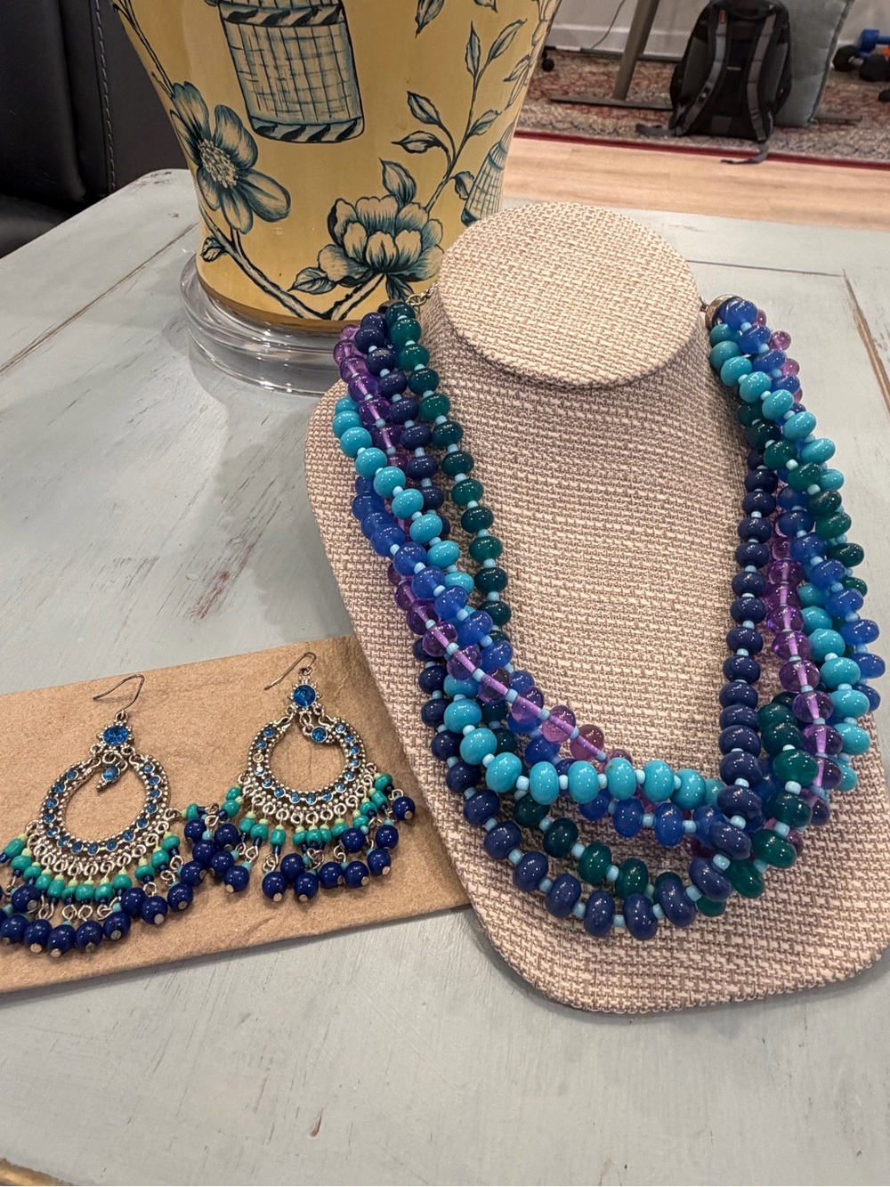 Multi-Strand Blue & Teal Beaded Necklace with Matching Earrings VYG Dana Buchman